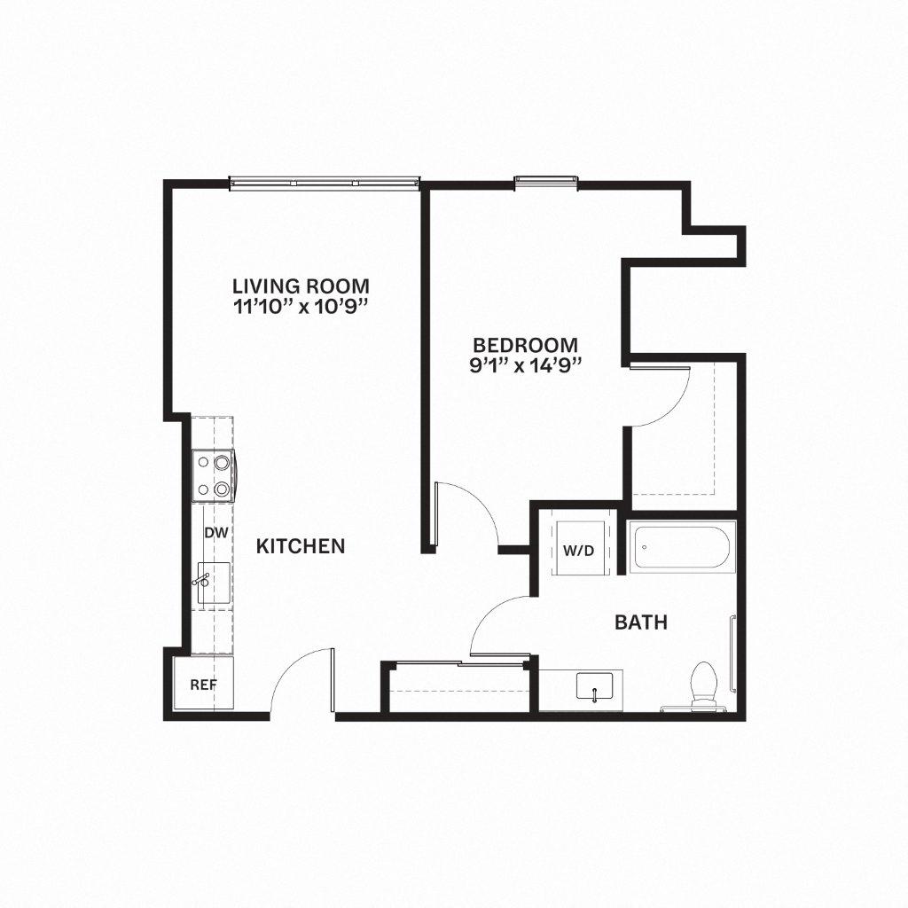 Floor plan for 1 bed, 1 bath, 687 sqft
